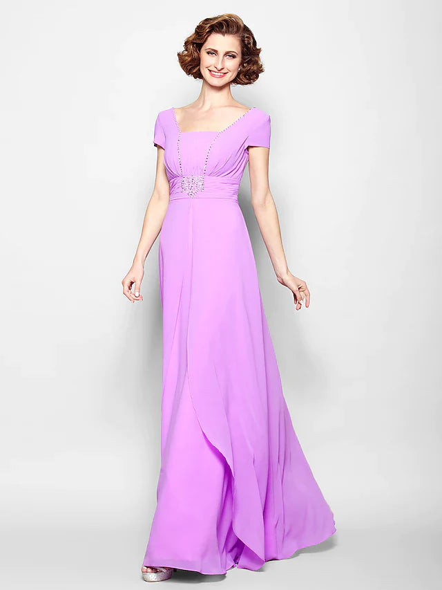 Wholesale A-Line Mother of the Bride Dress Lace Up Square Neck Floor Length Georgette Short Sleeve with Ruched Beading